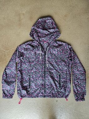 American Eagle Outfitters Pink, Black & Teal Speckled Hooded Windbreaker Jacket
